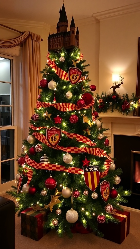 Harry Potter Themed Christmas Tree Decoration Guide Harry Potter themed Christmas tree with magical ornaments and lights in a festive setting.